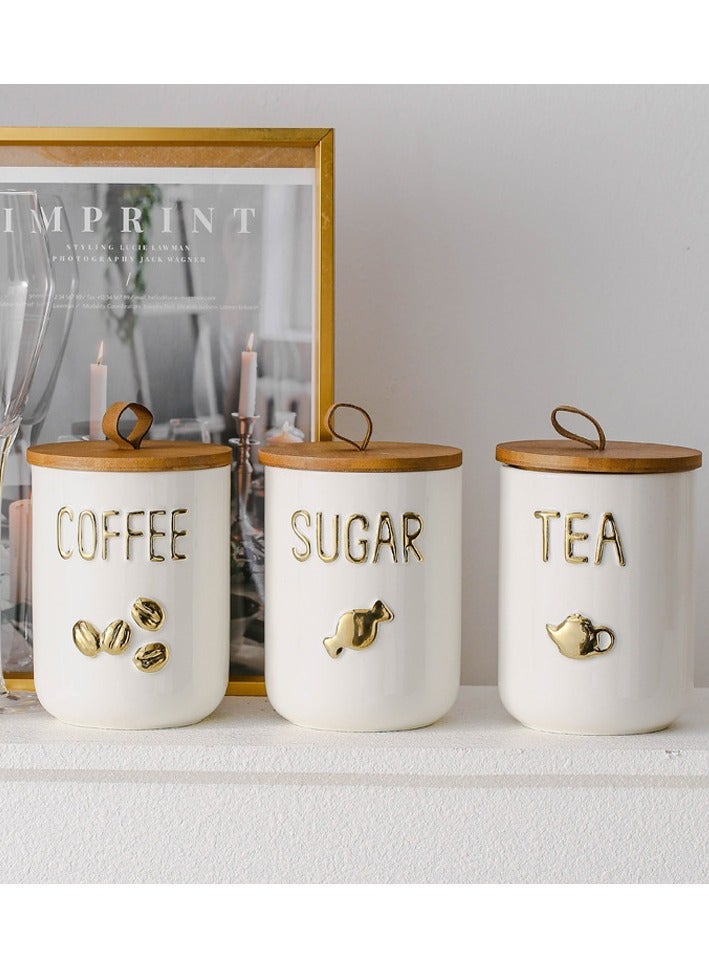 جرة تخزين السيراميك ماتي مع غطاء الخشب الصلب - وصفت الذهبي لشاي رمضان / القهوة / السكر ، مختومة المنزل المنظم - Image 2